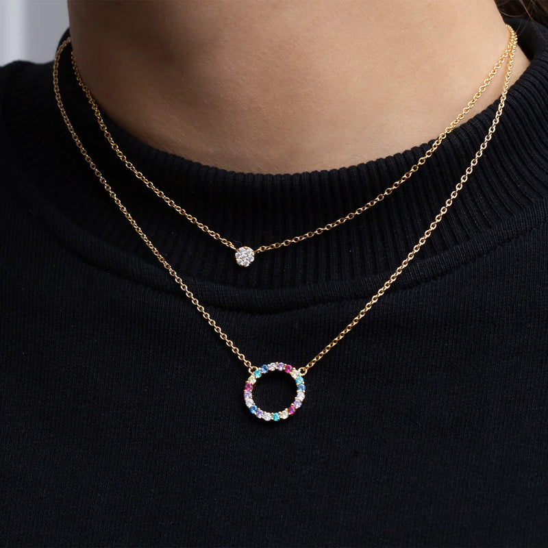 CHAINE FINE AJUSTABLE - OR & BRELOQUE CIRCULAIRE ZIRCONS MULTI-COULEURS "BIELLA"