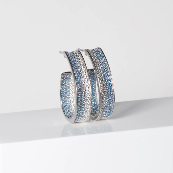 GRANDS ANNEAUX OVALES ONDULÉS - ARGENT & ZIRCONS BLANC BLEU
