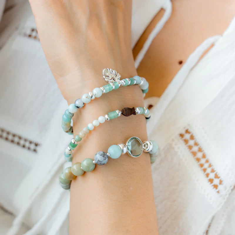 BRACELET BILLES AGATHE TURQUOISE & BRELOQUE FEUILLE- ARGENT