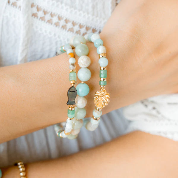 BRACELET BILLES AGATHE TURQUOISE & BRELOQUE FEUILLE- OR
