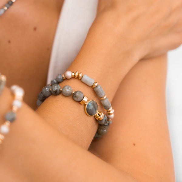 BRACELET CRISTAUX KAKI & ROND FUMÉ - OR