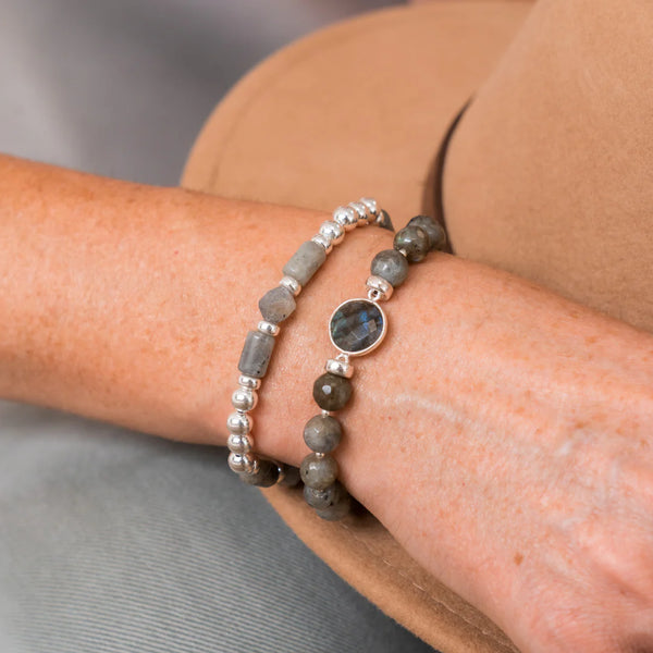 BEBLUE - BRACELET CRISTAUX KAKI & ROND FUMÉ - ARGENT