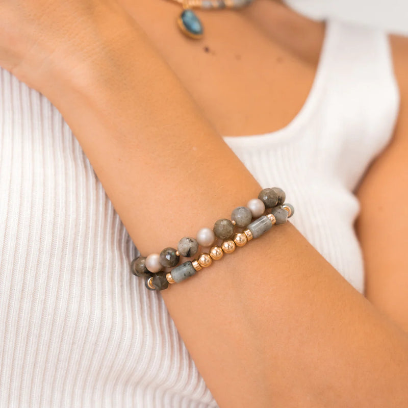 BRACELET PIERRES QUARTZ KAKIS LOSANGES & TUBES - OR