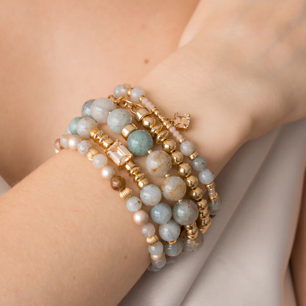 BRACELET PIERRES VARIÉES & CRISTAUX REACTANGLE CHAMPAGNE - OR