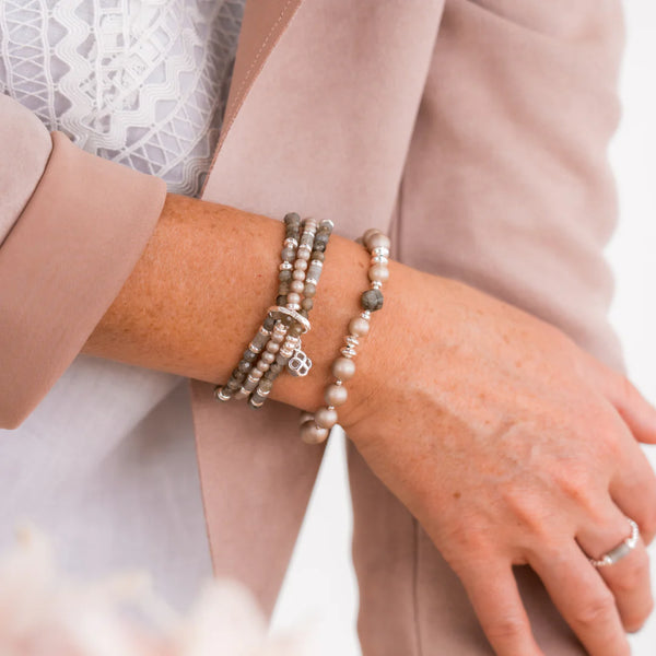 BRACELET TROIS RANG PIERRES AGATHE KAKI & PERLES SATINÉES - ARGENT
