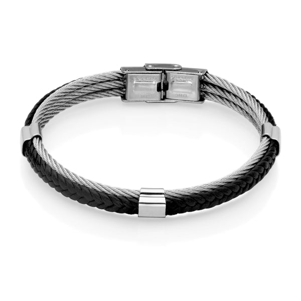 BRACELET POUR HOMME EN CUIR TRESSÉ ARGENT & NOIR