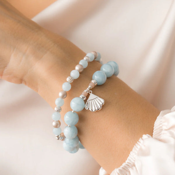 BRACELET GROSSES PIERRES BLEU AVEC BRELOQUE COQUILLAGE - ARGENT