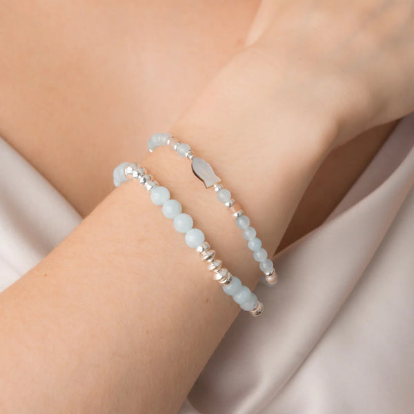 BRACELET PIERRES BLEUS & PERLES AVEC POISSON - ARGENT