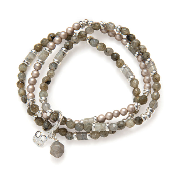 BRACELET TROIS RANG PIERRES AGATHE KAKI & PERLES SATINÉES - ARGENT