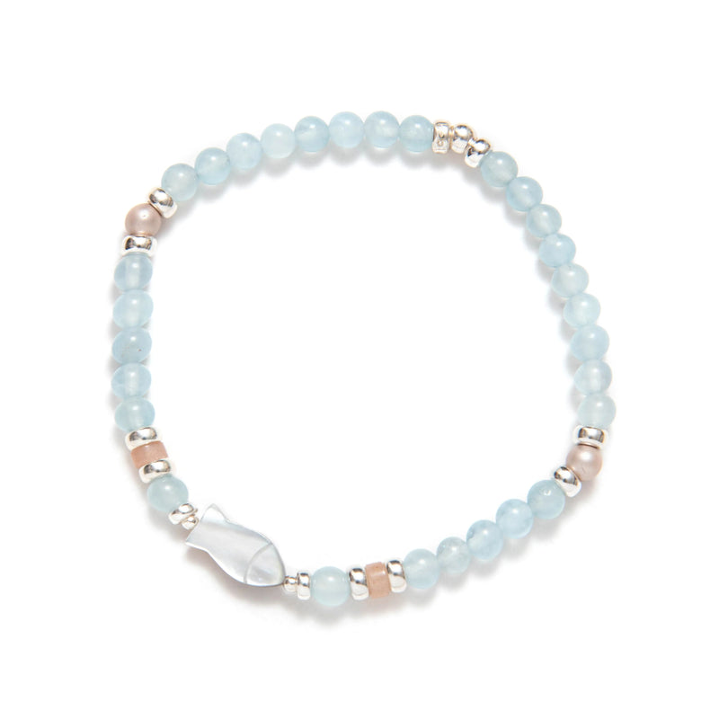 BRACELET PIERRES BLEUS & PERLES AVEC POISSON - ARGENT