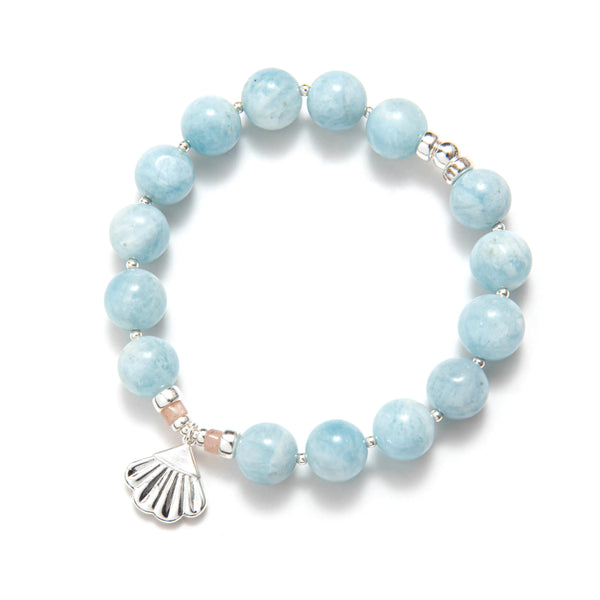 BRACELET GROSSES PIERRES BLEU AVEC BRELOQUE COQUILLAGE - ARGENT