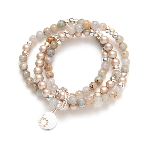 BRACELET À TROIS RANGS PIERRES VARIÉES & PERLES SATINÉES - ARGENT