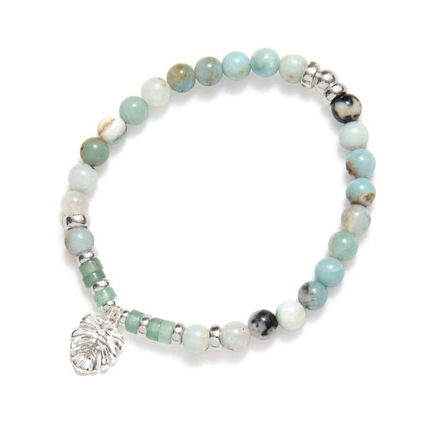 BRACELET BILLES AGATHE TURQUOISE & BRELOQUE FEUILLE- ARGENT