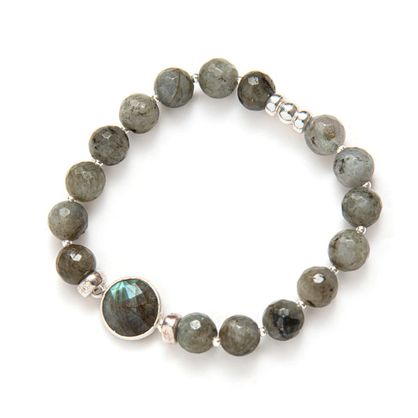 BEBLUE - BRACELET CRISTAUX KAKI & ROND FUMÉ - ARGENT