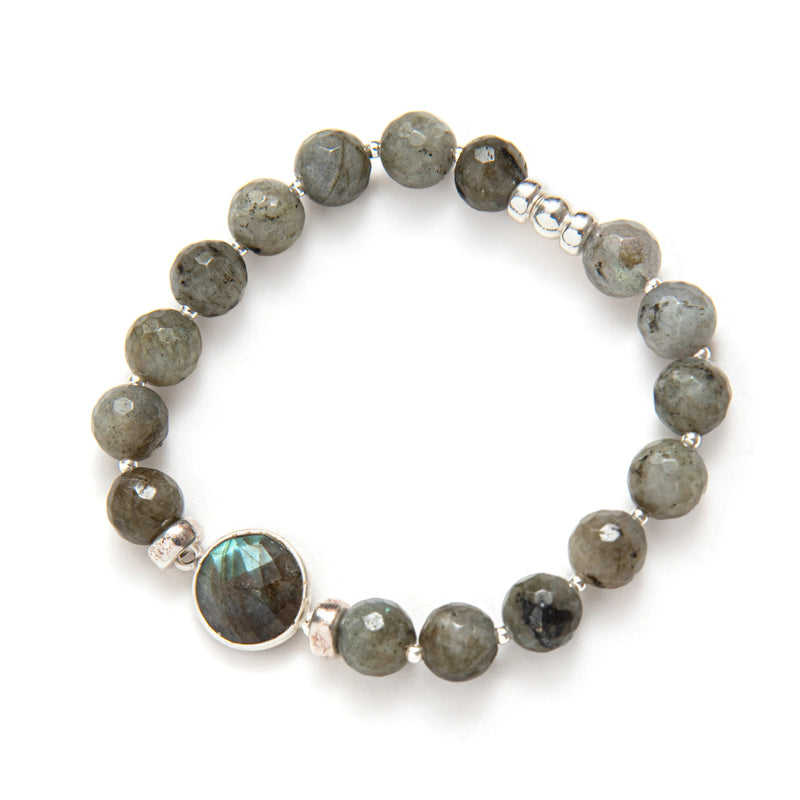 BEBLUE - BRACELET CRISTAUX KAKI & ROND FUMÉ - ARGENT
