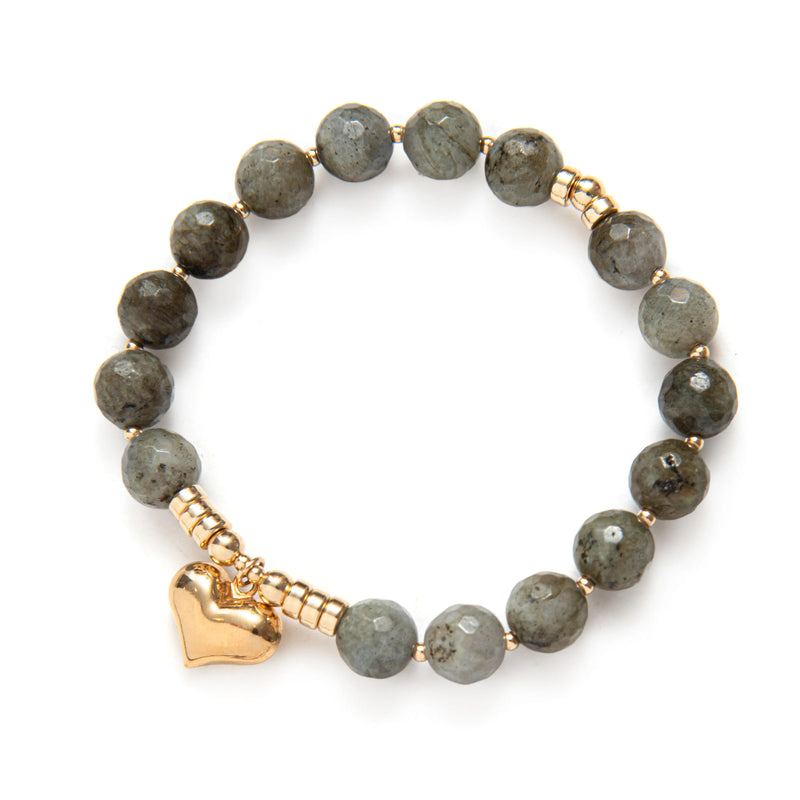 BRACELET PIERRES QUARTZ KAKIS & BRELOQUE COEUR - OR