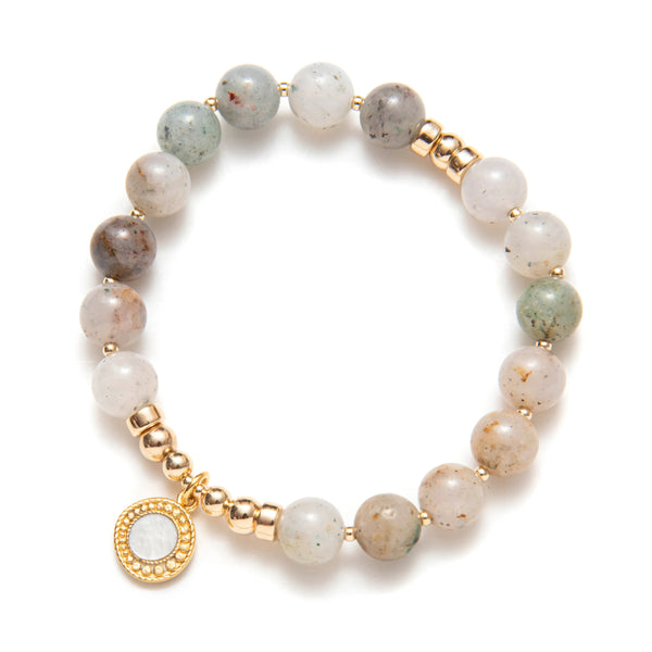 BRACELET PIERRES AGATHES VARIÉES & BRELOQUE RONDE NACRE - OR