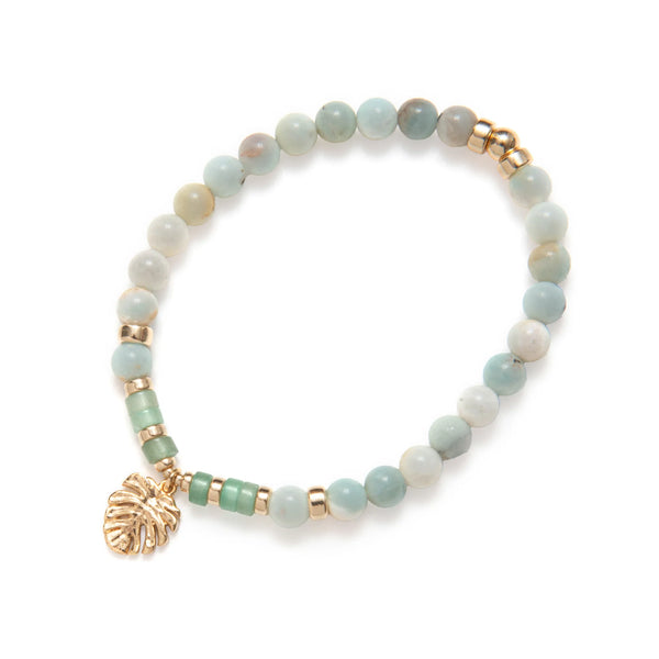 BRACELET BILLES AGATHE TURQUOISE & BRELOQUE FEUILLE- OR