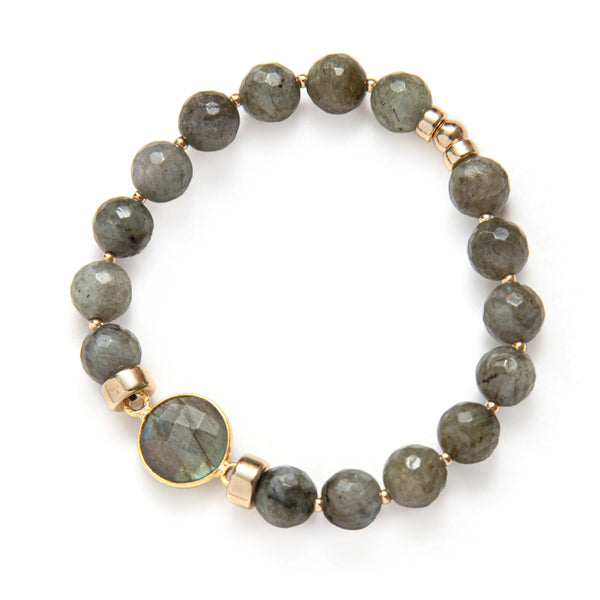 BRACELET CRISTAUX KAKI & ROND FUMÉ - OR