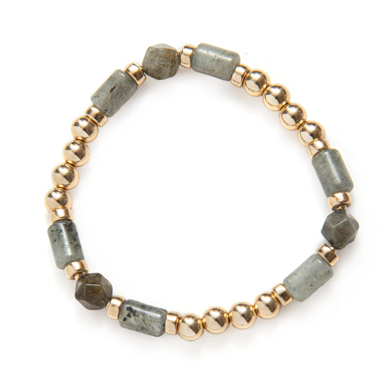 BRACELET PIERRES QUARTZ KAKIS LOSANGES & TUBES - OR
