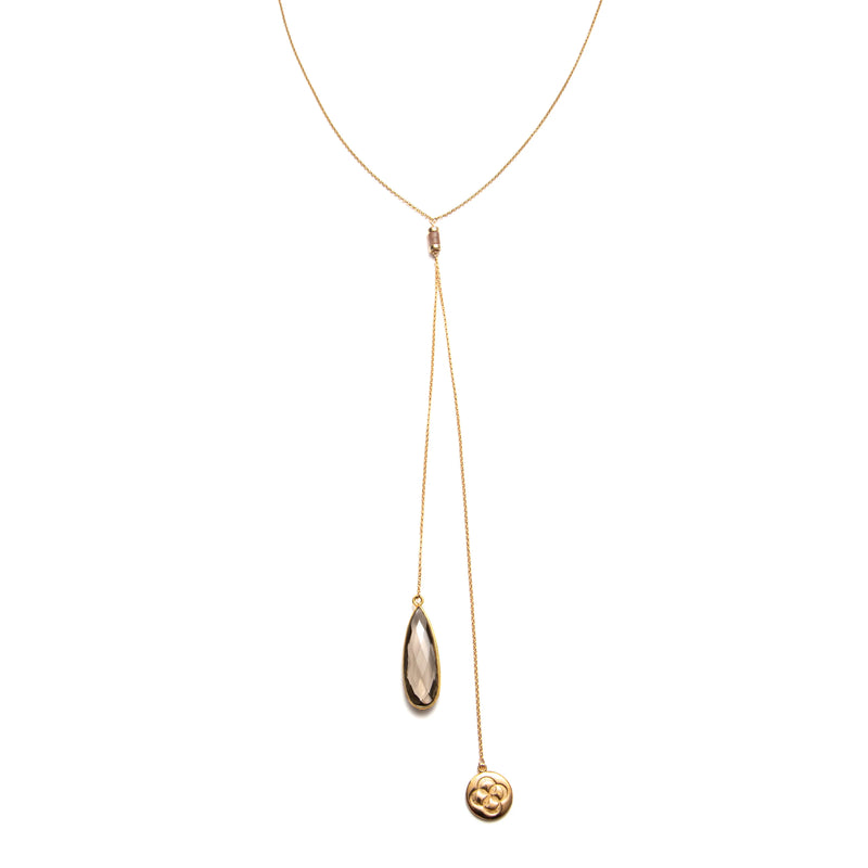 CHAINE FINE LONGUE & BRELOQUE CRYSTAL FUMÉ EN GOUTTE - OR
