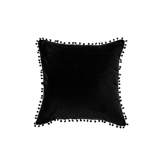 COUSSIN EN VELOURS NOIR AVEC CONTOUR PETITS POMPOMS