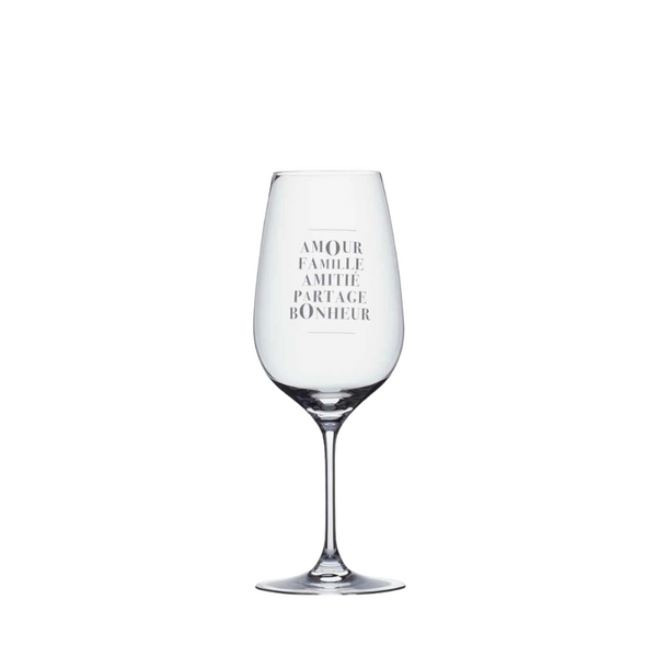 GARÇON DE TABLE - VERRE À VIN "AMOUR FAMILLE AMITIÉ PARTAGE BONHEUR"