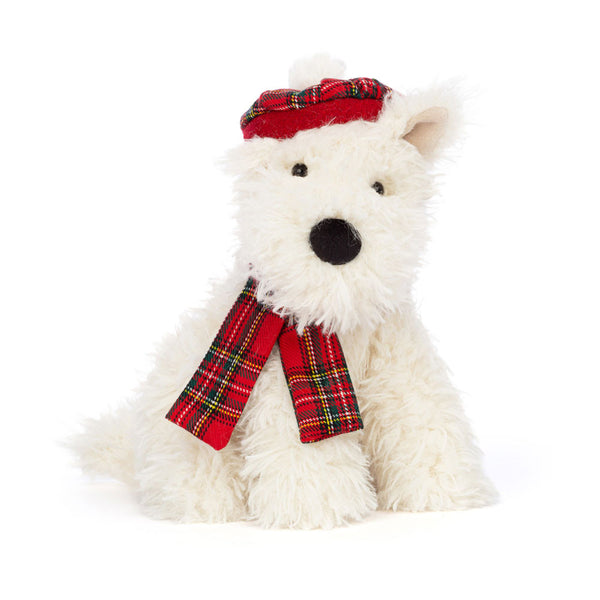 PELUCHE CHIEN BLANC HIVER SCOTTIE AVEC BERRET " WARMER MUNRO"