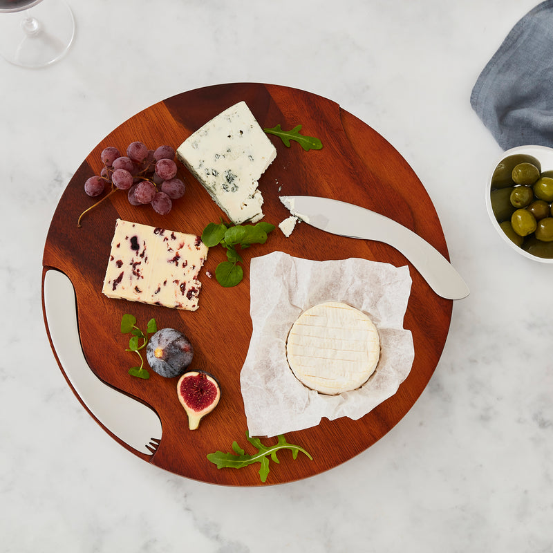 NAMBÉ - PLANCHE À FROMAGE RONDE EN BOIS AVEC DEUX COUTEAU STAINLESS
