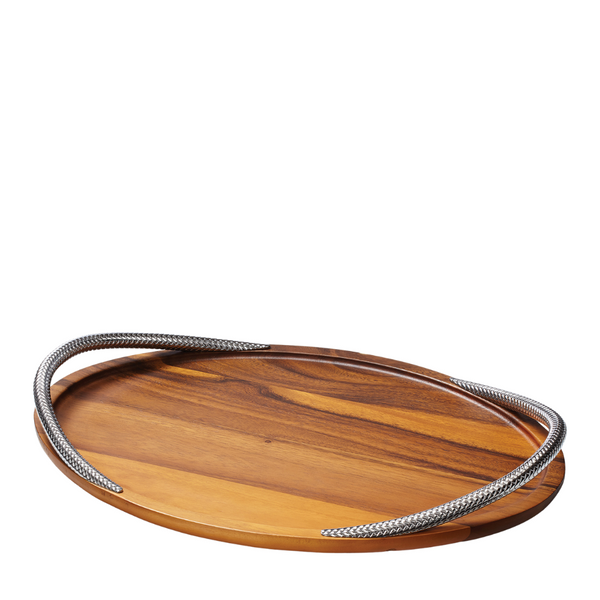 NAMBÉ - PLATEAU EN BOIS AVEC POIGNÉE TRESSÉ EN STAINLESS ARGENT