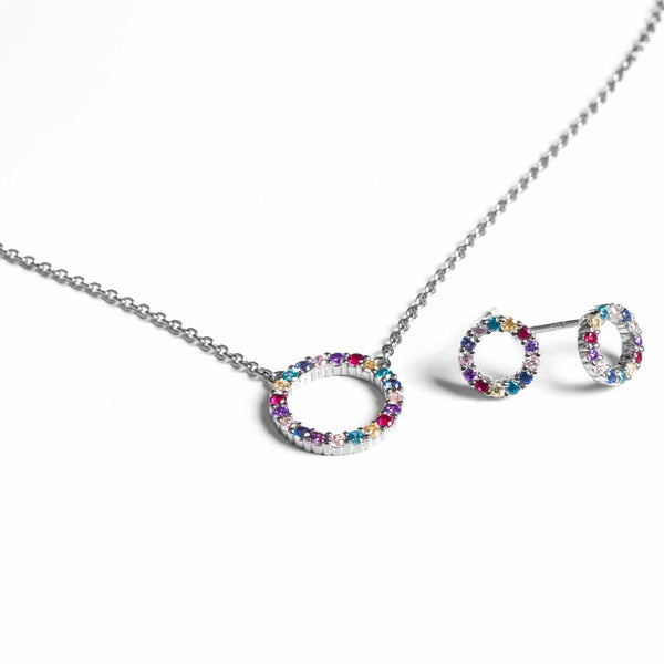 CCHAINE FINE  - ARGENT & BRELOQUE CIRCULAIRE ZIRCONS MULTI-COULEURS "BIELLA"