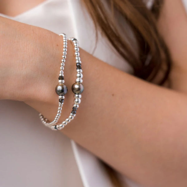 BRACELET ZIRCONS NOIRS AVEC PERLE DE TAHITI - ARGENT