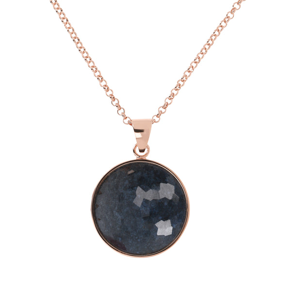 CHAINE AVEC PENDENTIF ROND - OR ROSE & PIERRE BLEU NUIT