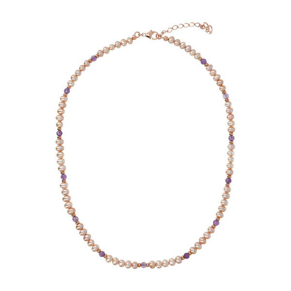 COLLIER PERLES AVEC CRISTAUX - OR ROSE & PIERRES MAUVES