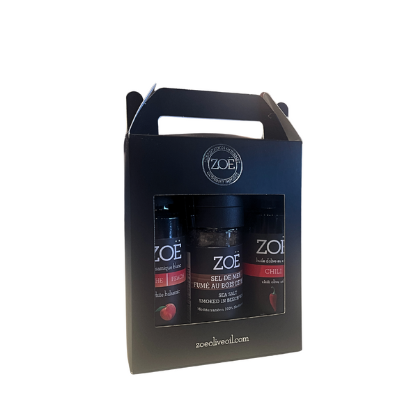 ZOË - MINI TRIO ALÉATOIRES D'HUILES D'OLIVE, VINAIGRE BALSAMIQUE & SEL