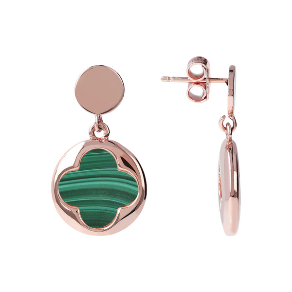 BOUCLE D'OREILLES PENDANTES TRÈFLE VERT - OR ROSE
