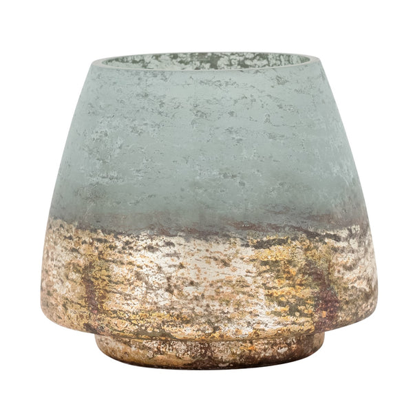 PETIT VASE OU BOUGEOIR VERT TURQUOISE BASE OR VIEILLI