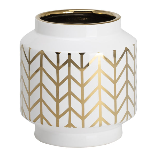 GRAND VASE CÉRAMIQUE BLANCHE MOTIF CHEVRONS EN OR