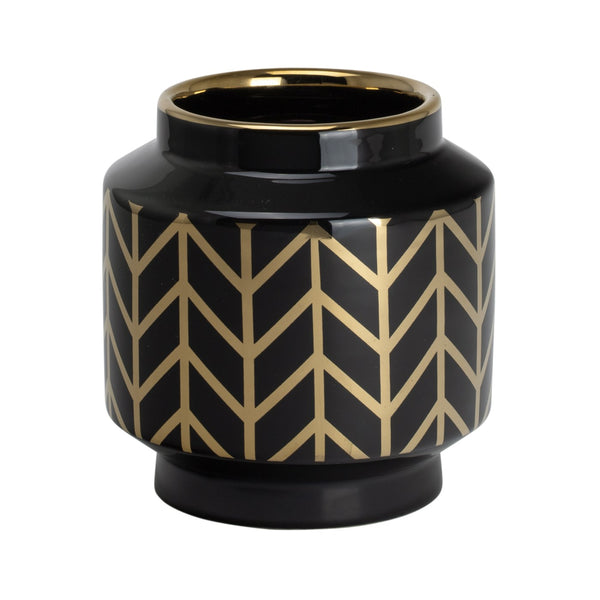 PETIT VASE CÉRAMIQUE NOIR MOTIF CHEVRONS EN OR