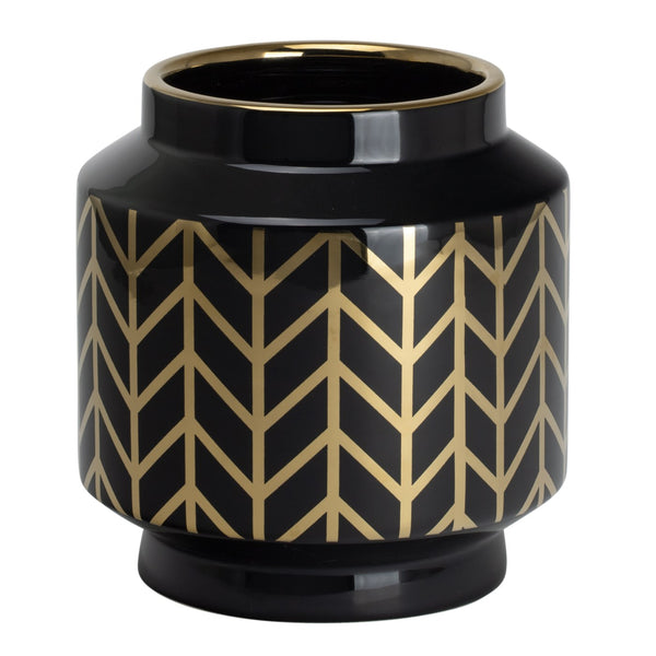 GRAND VASE CÉRAMIQUE NOIR MOTIF CHEVRONS EN OR