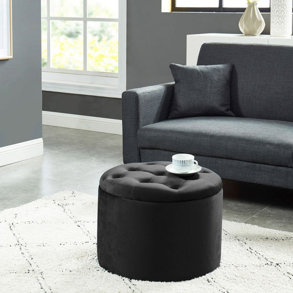 POUF ROND NOIR CAPITONNÉ AVEC ESPACE DE RANGEMENT