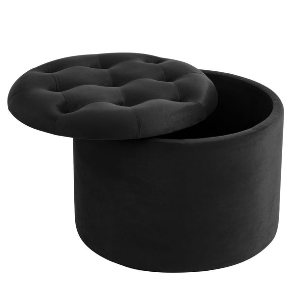 POUF ROND NOIR CAPITONNÉ AVEC ESPACE DE RANGEMENT