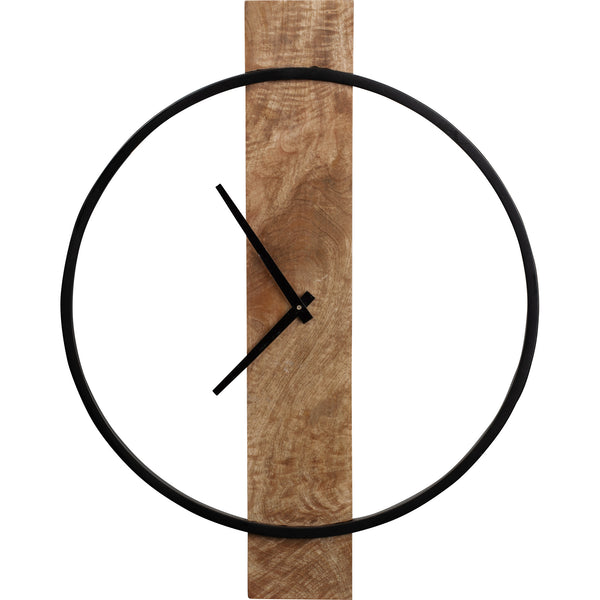 HORLOGE MURALE EN BOIS DE MANGUIER ET MÉTAL NOIR