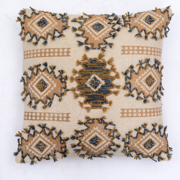 COUSSIN BEIGE MOTIFS BLEU ET BRONZE