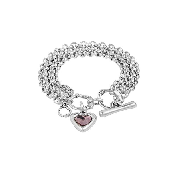 BRACELET 3 CHAINES EN ARGENT BRELOQUE COEUR VIOLET