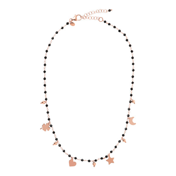 CHAINE CRISTAUX NOIRS AVEC BRELOQUES BASE OR ROSE